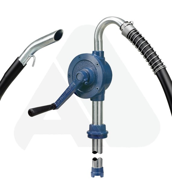 Hand crank pump with discharge hose