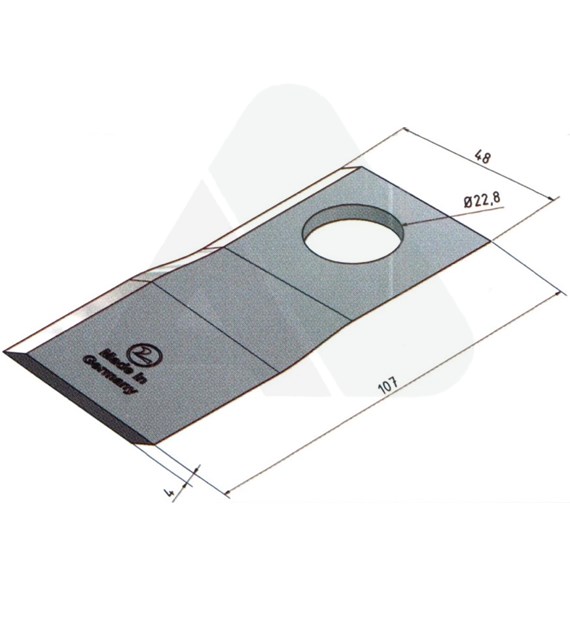 Nożyk do kosiarki rotacyjnej 107x48x4 prawy O 22,8