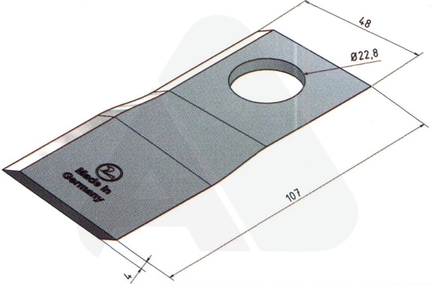 Nożyk do kosiarki rotacyjnej 107x48x4 prawy O 22,8
