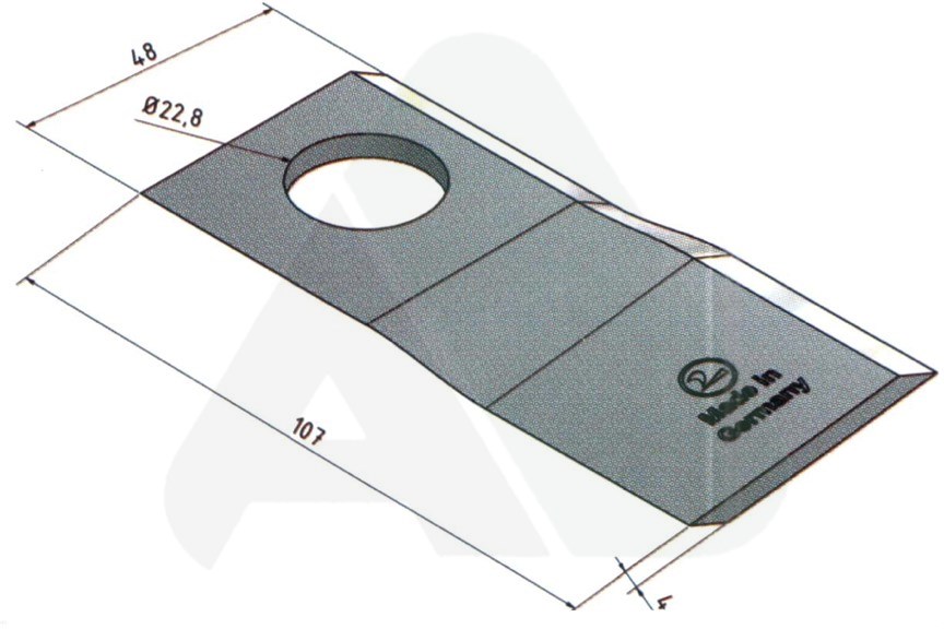 Nożyk do kosiarki rotacyjnej 107x48x4 lewy O 22,8
