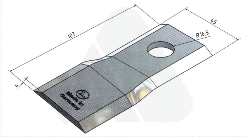 Nożyk do kosiarki rotacyjnej 107x45x4 lewy O 16,5